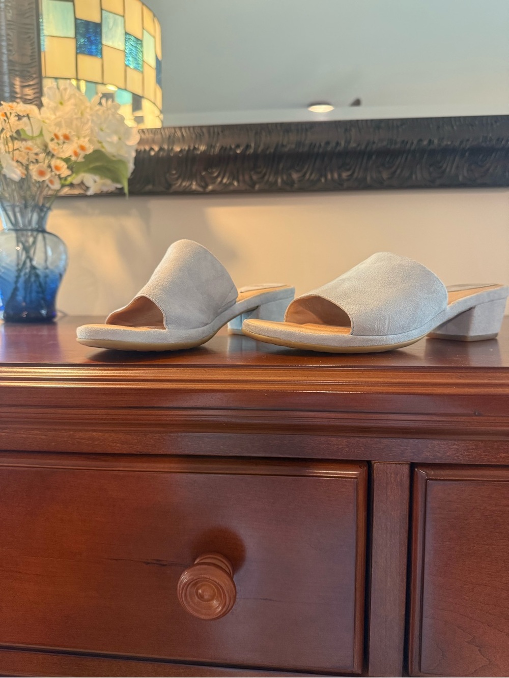 Open-Toe Suede Slide Mules in Light Blue